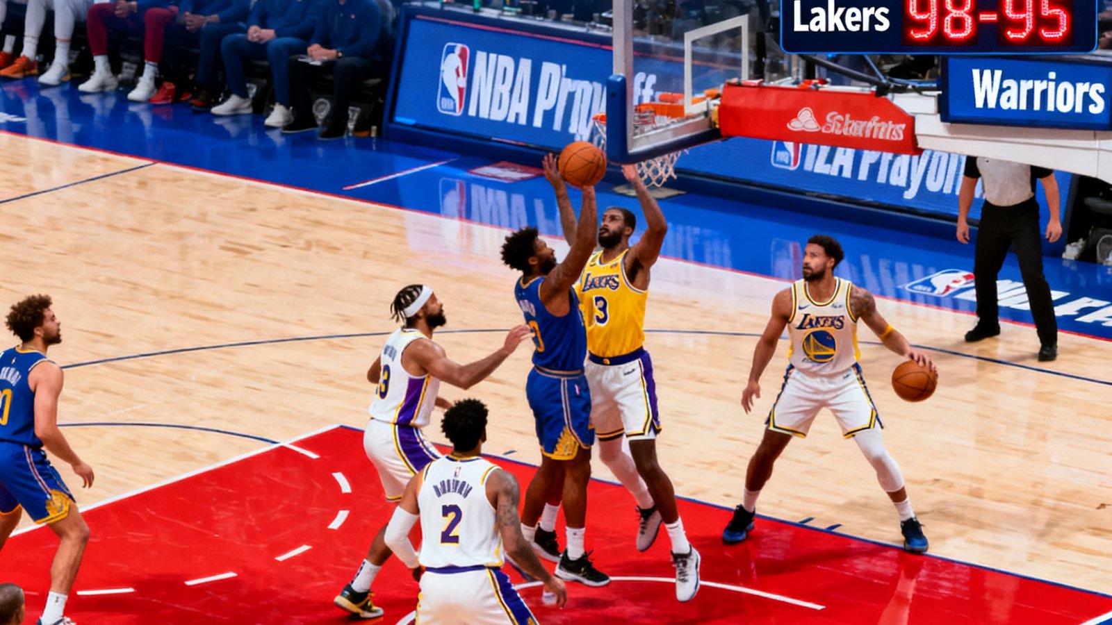 球探篮球比分全球直播中心：NBA季后赛高清直播画面，球场上运动员激烈对抗，比分板实时更新